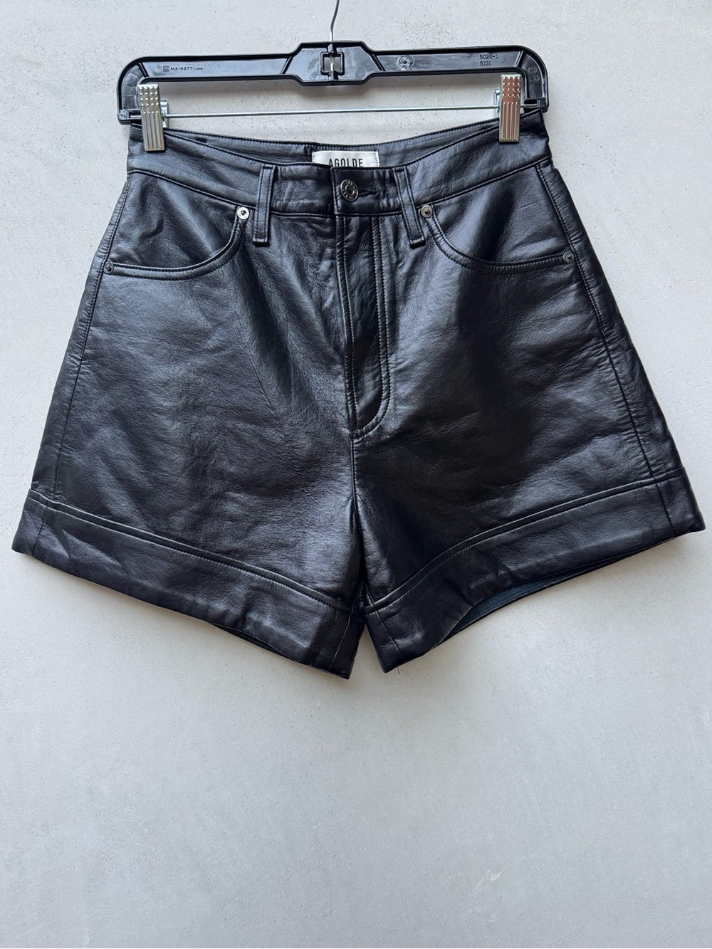 Agolde recycled leather angled hem shorts black high rise cuffed size 25